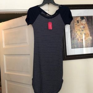 Navy blue and white striped body con dress